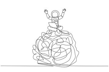 Poster - Single continuous line drawing young astronaut sitting on giant tangled circle holding laptop raise both hands. Sign of giving up. Homesick. Cosmonaut deep space. One line design vector illustration