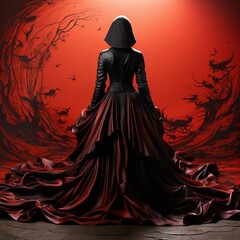 The witch in red. Beautiful girl in witch style in gothic clothes with a staff. Night of the Witch or All Hallows' Eve. Concept: mysticism, game characters, Halloween.