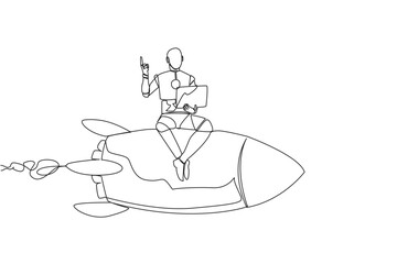 Poster - Continuous one line drawing robotic artificial intelligence sitting on flying rocket holding laptop raise one hand. Modern robots with future technology. Single line draw design vector illustration