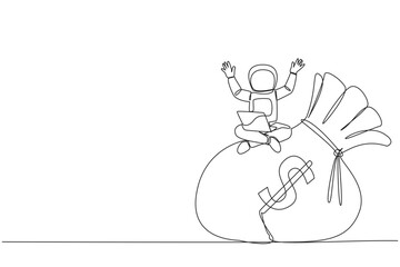 Poster - Continuous one line drawing young astronaut sitting on giant money bag holding laptop raise both hands. Keep lots of money in the bag for next expedition. Single line draw design vector illustration