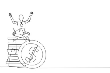 Wall Mural - Single continuous line drawing robotic artificial intelligence sitting on stack of giant coins sign dollar holding laptop raise both hands. Robot collecting money. One line design vector illustration