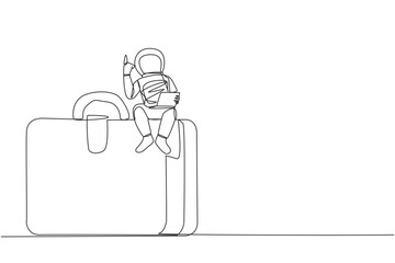 Poster - Single continuous line drawing young energetic astronaut sitting on giant briefcase holding laptop raise one hand. The first expedition to the surface of Mars. One line design vector illustration
