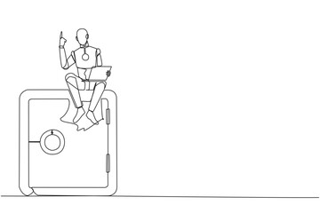 Poster - Single one line drawing robotic artificial intelligence sitting on giant safe deposit box holding laptop raise one hand. Robots also have a role to guard valuable items. Continuous line design graphic