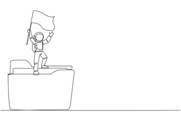 Poster - Single continuous line drawing young energetic astronaut standing on giant folder icon holding fluttering flag. Archiving expedition files to be used as a journal. One line design vector illustration