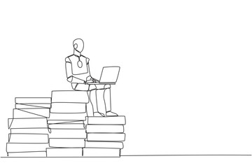 Poster - Single one line drawing robotic artificial intelligence sitting on pile of giant documents typing laptop. Robot scanning old documents to save in soft copy format. Continuous line graphic illustration