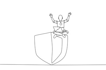 Poster - Continuous one line drawing robotic artificial intelligence sitting on giant shield holding laptop raise both hands. Firewall robots. Prevent virus attacks. Single line draw design vector illustration
