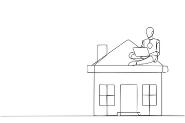 Poster - Single continuous line drawing robotic artificial intelligence sitting on miniature house typing laptop. Marketing division robot. Selling houses via internet and social media. One line design vector