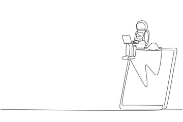 Poster - Single one line drawing young energetic astronaut sitting on giant clipboard typing laptop. Re-check the list of expedition work done. Cosmonaut deep space. Continuous line design graphic illustration