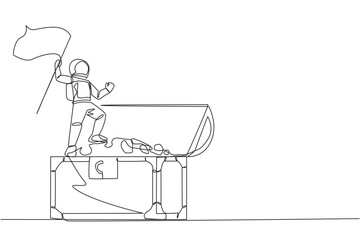 Poster - single continuous line drawing young energetic astronaut standing on giant open treasure chest holdi
