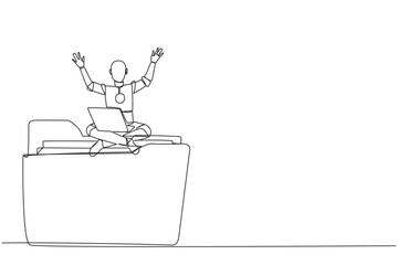 Poster - Single one line drawing robotic artificial intelligence sitting on giant folder holding laptop raise both hands. Robot restore data in folder was attacked by hackers. Continuous line design graphic