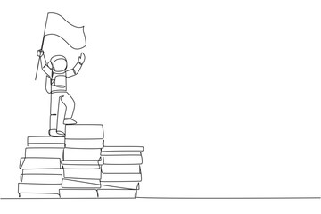 Poster - Single continuous line drawing young energetic astronaut standing on giant pile of papers holding fluttering flag. A successful journey retold on paper. Cosmonaut. One line design vector illustration