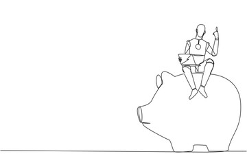 Poster - Continuous one line drawing robotic artificial intelligence sitting on big piggy bank holding laptop raise one hand. Robots make investments. Future concept. Single line design vector illustration