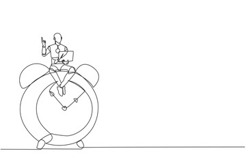 Poster - Single continuous line drawing robotic artificial intelligence sitting on giant alarm clock holding laptop raise one hand. Electronic technology industry. Future. One line design vector illustration