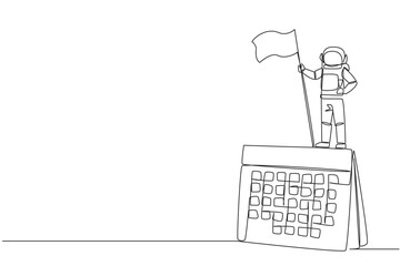 Poster - single one line drawing young energetic astronaut standing on big desk calendar holding fluttering f