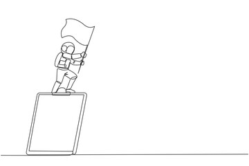 Poster - Single one line drawing young energetic astronaut standing on giant clipboard holding fluttering flag. He re-check his work before returning to the earth. Continuous line design graphic illustration