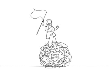Poster - Continuous one line drawing young energetic astronaut standing on giant tangled circle holding fluttering flag. Tangles in space. Trouble outer space. Hectic. Single line design vector illustration