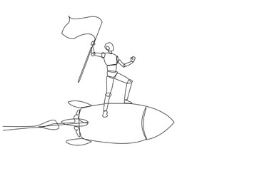 Poster - Single continuous line drawing of robot standing on flying rocket through the sky holding the flag. Entrepreneur make a robot to starting a new business startup. One line design vector illustration