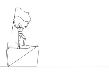 Poster - Single continuous line drawing of robots standing on big folder icon holding flag. Arranged business plan, keep records, practice. Be a champion. Future robotic. One line design vector illustration