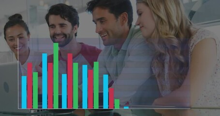 Poster - Animation of statistical data processing over diverse colleagues using laptop and smiling at office