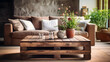 Rustic coffee table made from old wooden crate with blurred room backdrop