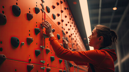 Wall Mural - Skilled climber on pegboard in dynamic exercise area