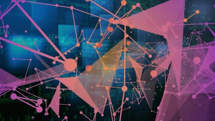 Poster - Animation of plexus networks and blue glowing sqaure shapes against black background