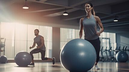 Wall Mural - Balance and coordination demonstrated in stability ball partner exercises