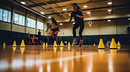 Canvas Print - Synchronized agility cone drills for speed and precision in a well-organized gym