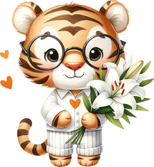 Poster - Cute tiger character holding bouquet of lilies illustration created with Generative AI technology