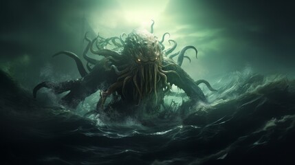 Wall Mural - Mysterious monster Cthulhu in the sea, attack boat huge tentacles sticking out of the water, landscape