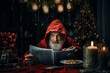 Santa Claus who hiding and peeking out, secretly reading newspaper after put presents under the tree