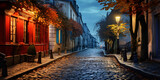 Fototapeta Uliczki - A cobblestone street at night with leaves on the ground and plants on the front of the buildings snd lighys on the road with nnight view background Ai Generative
 
