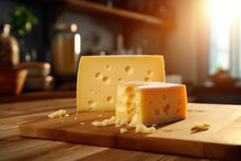 Block Of Swiss Medium-hard Yellow Cheese Emmental Or Emmentaler With Round Holes