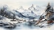 Quiet snow-covered winter landscape with mountains