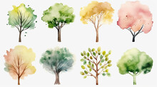 Tree Set Collection Watercolor Clipart Cute Isolated On White Background
