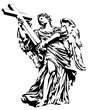 Hand drawn illustration of a statue of a man with wings. Angel holding a cross. Monochrome angel carrying a large cross. Stencil drawing of an angel. Symbol of the religion of Christianity.