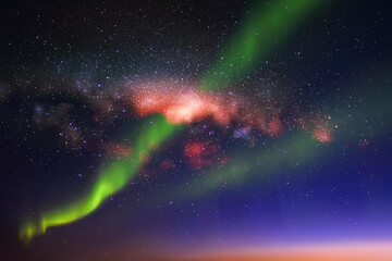 Poster - night starry sky. milky way and northern lights. green aurora borealis