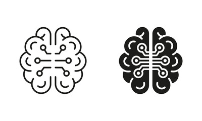 Poster - Human Brain with Circuit, Digital Technology Concept Silhouette and Line Icons Set. Artificial Intelligence Black Symbol Collection. Network, Tech Science Pictogram. Isolated Vector Illustration