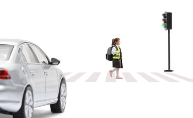 Poster - Car at a pedestrian and schoolgirl wearing safety vest and crossing a street