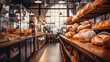 Aisle of a bakery and shelves in blurred background