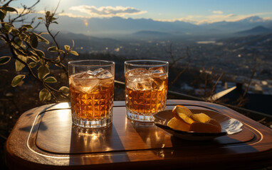 Fototapeta dwa szklane kieliszki z napojem alkoholowym na tarasie z widokiem na góry w słoneczny dzień