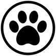 Black animal dog footprint paw in circle frame, paw stamp