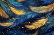 Seamless pattern with golden and blue feathers on a black background