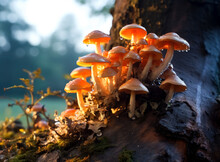 Small Mushrooms On The Trunk Of A Tree, Mushrooms On An Oak Tree, Mushrooms Growing On A Tree Branch.