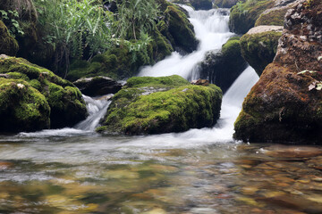 Poster - A natural waterfall flowing down rugged rocks covered in moss