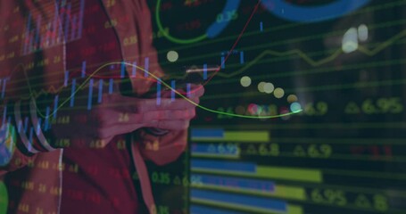 Poster - Animation of stock market data processing against mid section of man using smartphone on the street