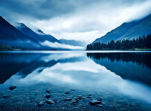 Still Blue Calm Lake In New Zealand. 