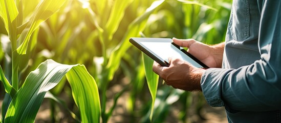 Canvas Print - Agronomist examines crops in a corn field using a tablet touch pad computer