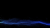 Fototapeta Przestrzenne - Abstract wave with blue light on black background. Science background with moving dots and lines. Network connection technology. Digital structure with particles. 3d rendering.