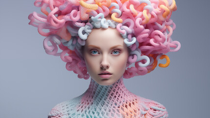 Pastel color portrait of fashion fantasy style woman with crochet elements in hair and face. Surreal contemporary art creative design portrait of woman in pastel colors